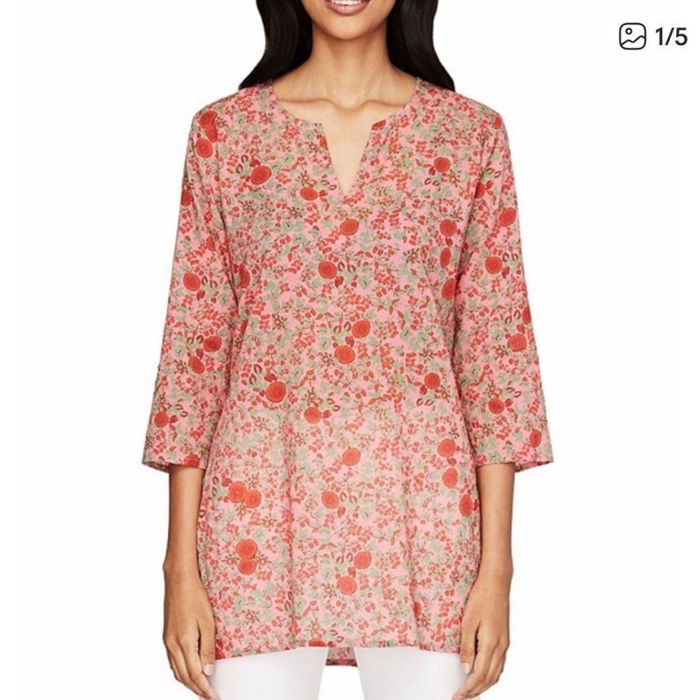 Roller Rabbit V-Neck Red Pink Floral Rhody Kurta Tunic XS